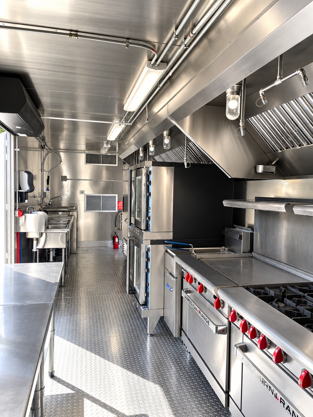 Commercial exhaust hood above a trailer cooking line